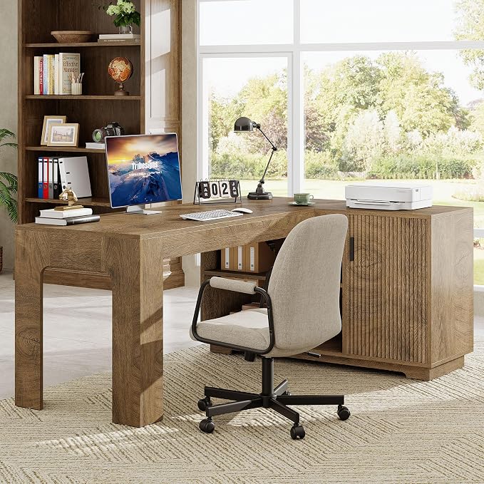 Tribesigns L-Shaped Desk with Storage Cabinet, 59-Inch Farmhouse Corner Computer Desk with Open Storage Shelves, Home Office, Gaming, Reading, Study, Brown