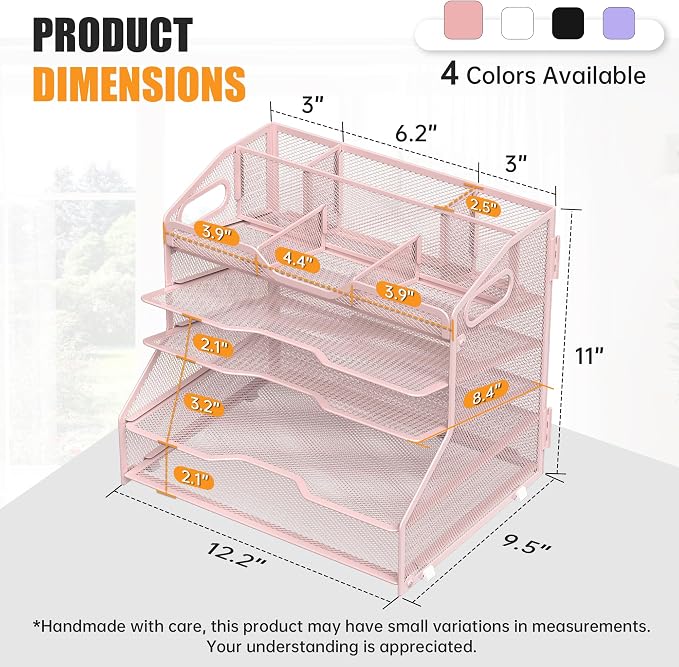YINGHUA 5 Tier Paper Tray Letter Organizer with Top 6 Adjustable Compartments - Paper Sorter Office Desktop Accessories with Handles for Document,Mail,School Supplies Storage,Pink
