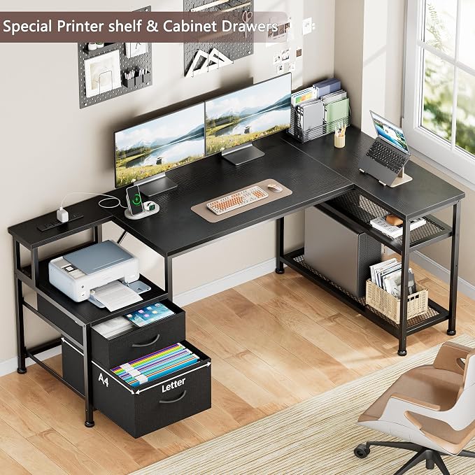 Furologee 57 Inch L Shaped Computer Desk with Power Outlets, Reversible Home Office Desk with Fabric Drawers, File Cabinet, Printer Table, Metal Storage Shelves, Corner Desk for Small Space, Black