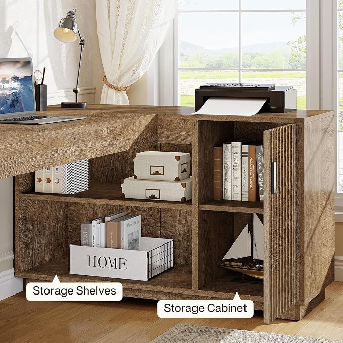 Tribesigns L-Shaped Desk with Storage Cabinet, 59-Inch Farmhouse Corner Computer Desk with Open Storage Shelves, Home Office, Gaming, Reading, Study, Brown