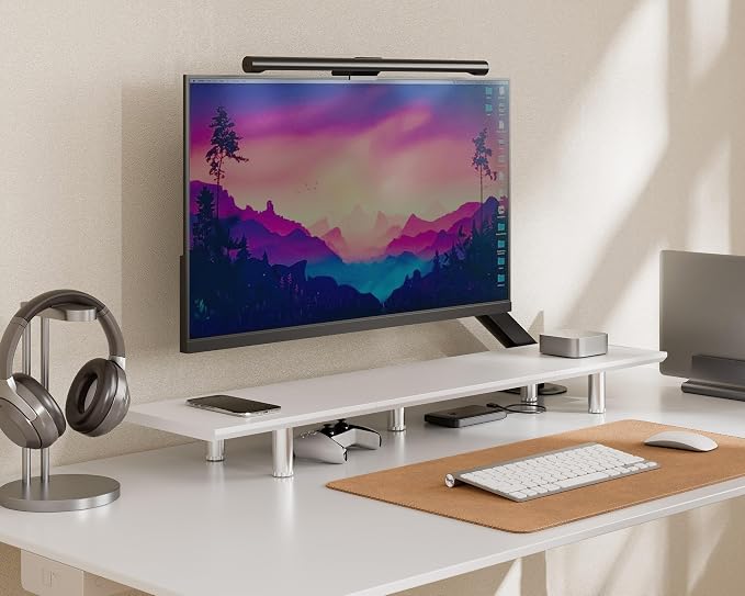 Fenge 39.4 Inch Dual Monitor Stand, Height Adjustable Monitor Riser Stand for Desk, Wooden & Steel Monitor Shelf for 2 Computers up to 99lbs, Stable Desk Organizer for PC Laptop TV, White