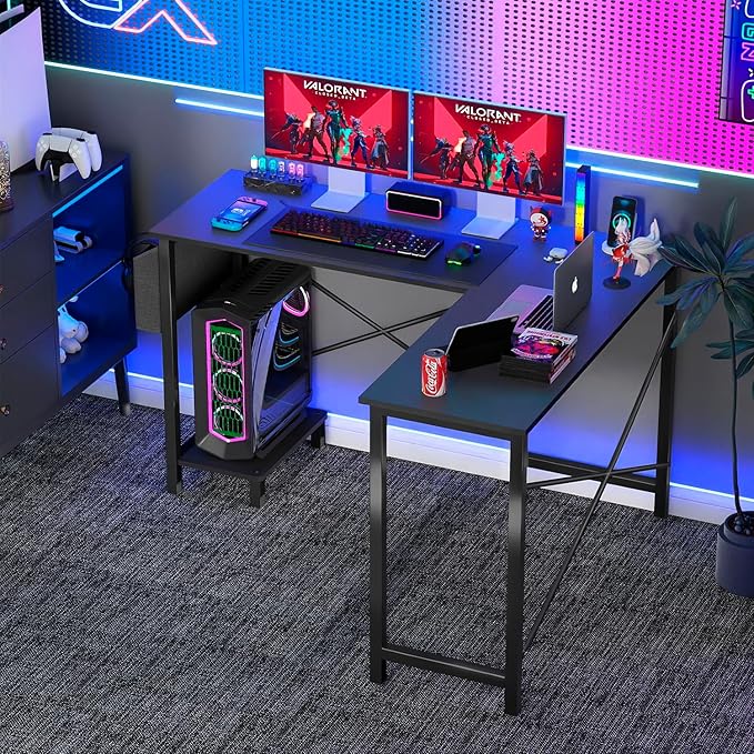Dkelincs 50-Inch L Shaped Desk, Corner Computer Desk & Gaming Desk for Home Office and Dorm, Sturdy Writing Workstation with CPU Stand and Side Storage Bag (Black)