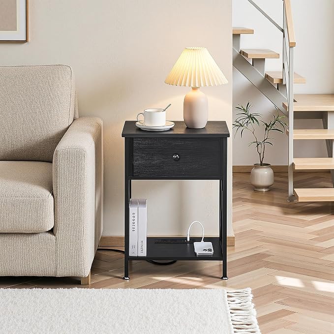 VECELO End Table with Charging Station, Night Stand with Drawers, 2-Tier Bedside Tables with USB Ports & Outlets, Side Table with Storage Shelf for Living Room/Bedroom, Black