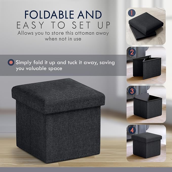 Ornavo Home Small Storage Ottoman, Set of 2 Foldable Collapsible Cube Square Linen Ottoman Foot Rest Stool Seat, for Living Room, Bedroom, Home Office, Dorm - 12 x 12 x 12, Black