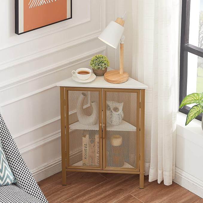 VECELO 3-Tier Corner Table,Cabinet with Mesh Door,Corner Shelf Stand,Metal Frame Storage Shelf Organizer Display Shelves for Wall Corner,Living Room,Bedroom Kitchen,Bathroom