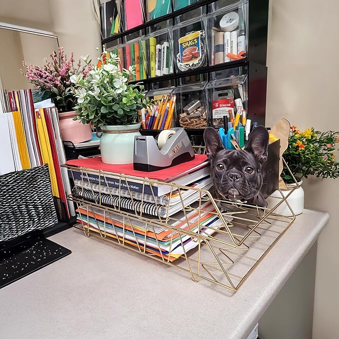 Performore 11x17 Stackable Metal Paper Tray Organizer, 2-Tier Wire Desk Trays for Office & Home, Gold File Holder for Documents, Mail, Folders & Tabloid-Size Paper