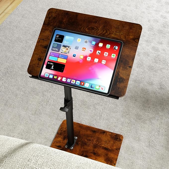 YUHFERA Sofa Armrest Tray Table for Couch - 360° Swivel Height Adjustable End for Small Spaces, Snack Side Table for Bed or Chair with Phone & Tablet Slot (Rich,Angle Adjustable)
