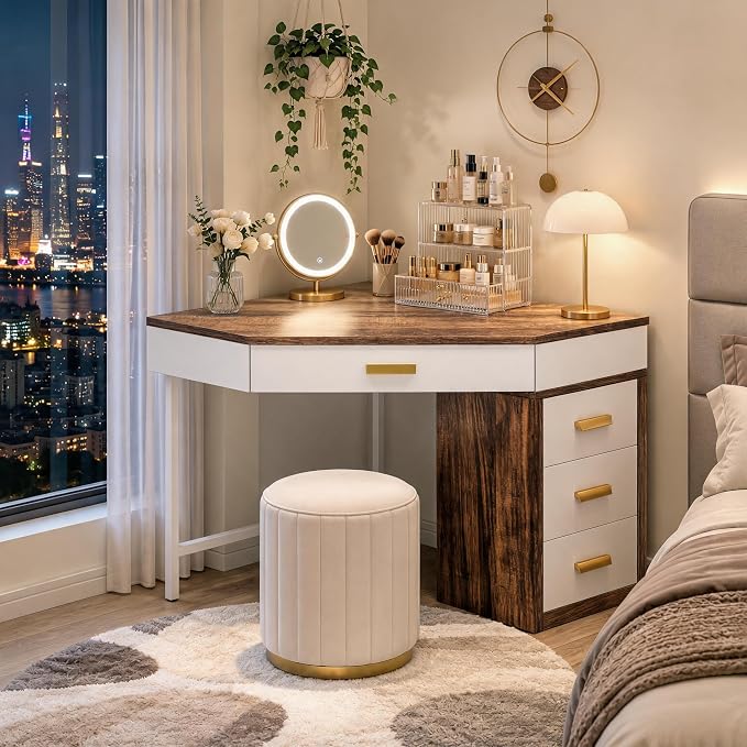 Tribesigns Corner Desk with 4-Drawer Storage,Triangle Computer Desk,Vanity Station,Study Nook for Small Space,Home Office,Bedroom,Living Room (White&Brown)