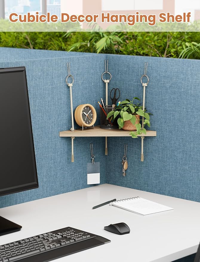 NiHome Fabric Cubicle Corner Shelf, Solid Wood Hanging Shelf with Cotton Rope, Tool-Free Metal Hook Installation for Office Cubicle Walls, Space-Saving Corner Storage Display Shelves (1 Pack)