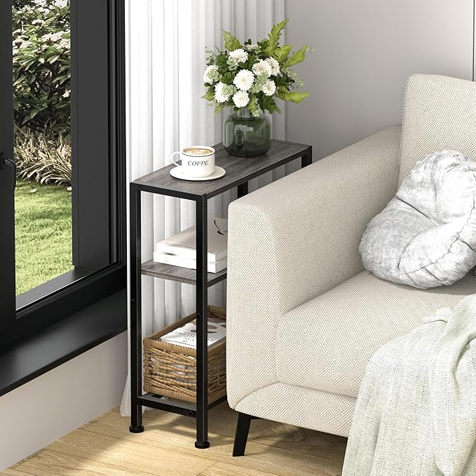 Narrow Side Table Set of 2 for Small Space, 2-Tier Small End Table with Shelf Holder, Slim Nightstand, Skinny Snack Couch Table in Living Room, Bedroom, Study, Kitchen and Balcony (Grey)