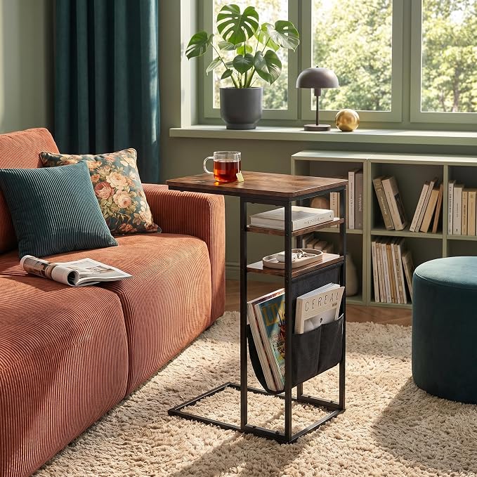 C Shaped End Table 28"(H) 3-Tier C Table with Storage Bag, Under Couch Table C-Shaped End Table with Storage Shelves and Bag for Living Room, Bedroom, or Office