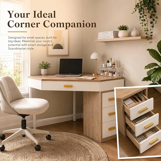 Tribesigns Corner Desk with 4-Drawer Storage,Triangle Computer Desk,Vanity Station,Study Nook for Small Space,Home Office,Bedroom,Living Room,White&Gray