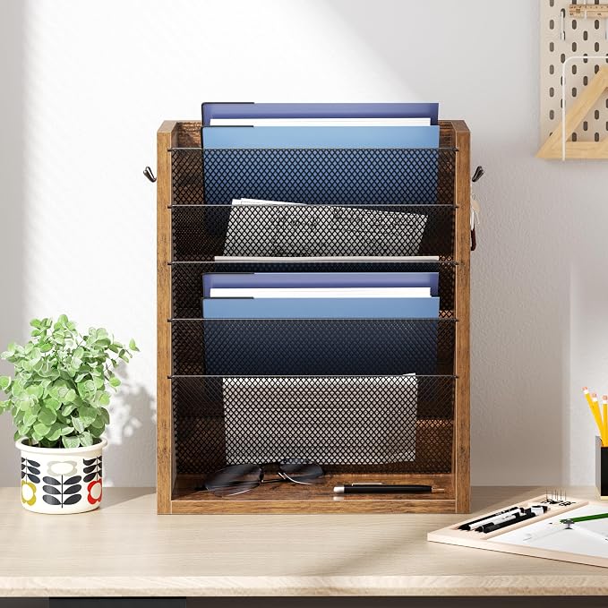 Creso hom Mail Organizer Wall Mounted, Mail Sorter with 2 Key Hooks, 6-Slot File Organizer for Wall or Desk, Wood Letter Holder Envelopes Bills Accessories for Home Office, Rustic Brown
