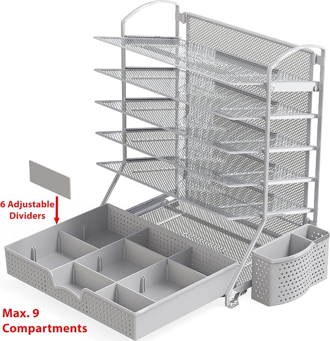 Simple Houseware 6-Tier Desk Document File Tray Organizer with Sliding Drawer, Silver
