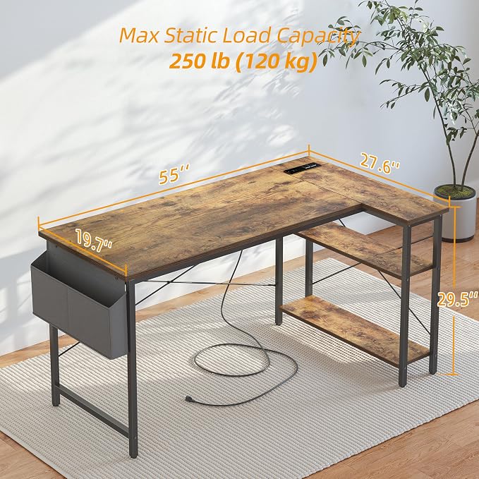 TIQLAB L Shaped Computer Desk with Power Outlets, 55 Inch Small Corner Desk with Reversible Shelves, Gaming Desk Computer Table Study Writing Desk for Home Office Small Space, Rustic Brown