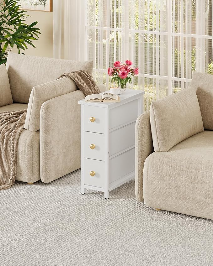 CHOEZON Narrow Side Table with 3 Fabric Drawers, Industrial Slim Bedside Table for Small Spaces, Bedroom, Living Room, Dormitory, White TBZ09WB
