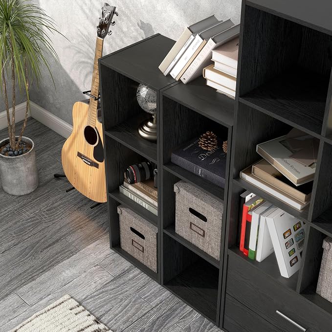 Homes: Inside + Out Apexa 3-Cube Storage Organizer Shelves, Stackable Wood Bookcase Fits Cubby Bins for Organization, Dorm Teen Room Decor & Home Office, Black