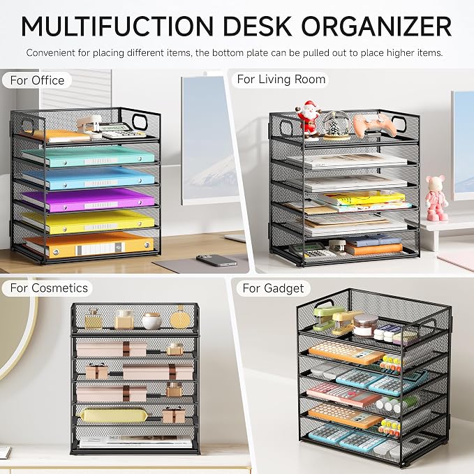 6 Tray Paper Organizer Letter Tray with Handle - Mesh Desk File Organizer, Paper Sorter Organizer for Office, Home or School File Folder Holder -Black