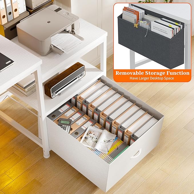 EnHomee 56.5" Office Desk with Drawers and Printer Space,Computer Desk with Power Outlets,Home Office Desks with File Drawers Cabinet,Study Writing and Gaming Desk with Shelves Monitor Stand,White