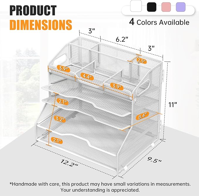 YINGHUA 5 Tier Paper Tray Letter Organizer with Top 6 Adjustable Compartments - Paper Sorter Office Desktop Accessories with Handles for Document,Mail,School Supplies Storage,White