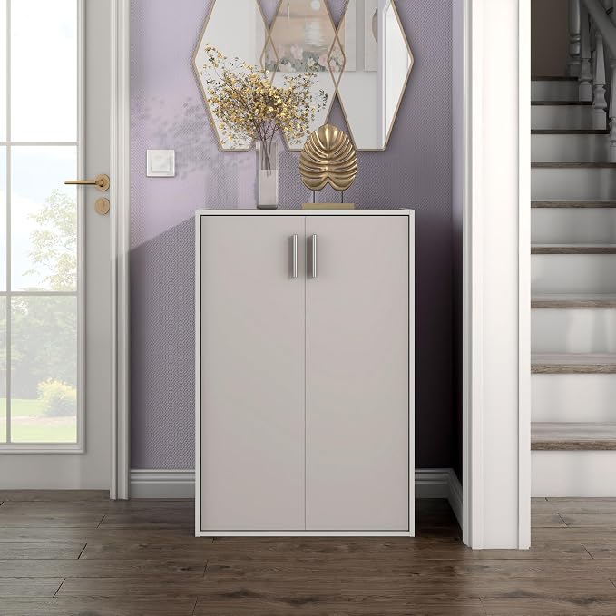 Homes: Inside + Out Apexa 3-Tier Stackable Wood Bookcase with Doors, Cube Storage Organizer Shelves, Small Food Pantry Cabinet, Dorm Teen Room Decor & Bedroom, Home Office, Kitchen, Taupe Grey