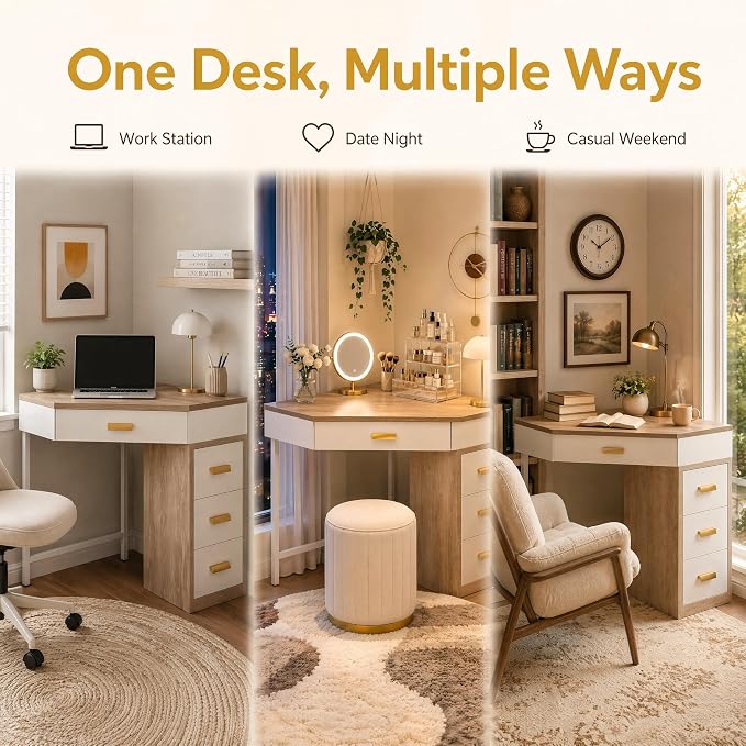 Tribesigns Corner Desk with 4-Drawer Storage,Triangle Computer Desk,Vanity Station,Study Nook for Small Space,Home Office,Bedroom,Living Room,White&Gray