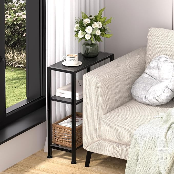 Narrow Side Table for Small Space, 2-Tier Small End Table with Shelf Holder, Slim Nightstand, Skinny Snack Couch Table in Living Room, Bedroom, Study, Kitchen and Balcony (Black)