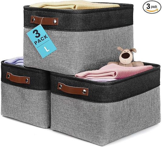 OrganiHaus 15x11in Canvas Storage Baskets 3 Pack | LARGE Fabric Bins for Shelves | Closet & Bedroom Storage | Gray/Black