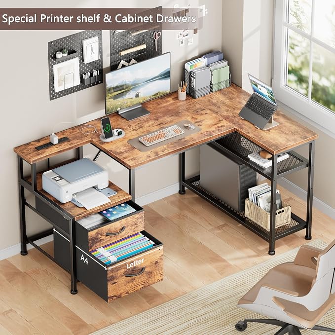 Furologee 49" L Shaped Computer Desk with Power Outlets, Reversible Home Office Desk with Fabric Drawers, File Cabinet, Printer Table, Metal Storage Shelves, Corner Desk for Small Space, Rusitc Brown