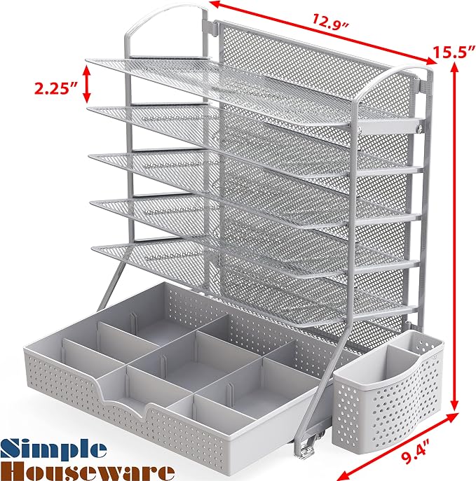 Simple Houseware 6-Tier Desk Document File Tray Organizer with Sliding Drawer, Silver