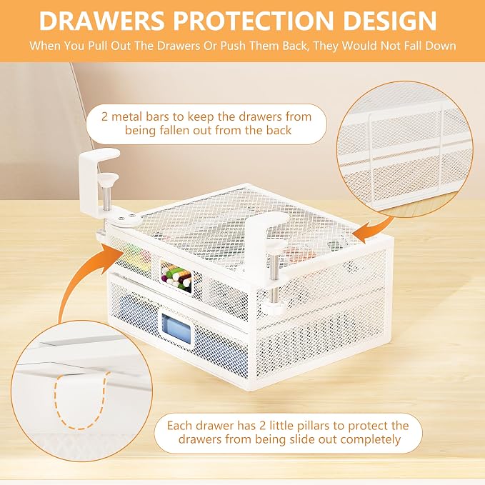Sliding Under Desk Drawer Organizer No Drilling 2 Drawers Slide Out Desktop Or Under Table Storage Metal Clamp On Desk Drawer Attachment Small Desktop Organizer for Home & Office, White