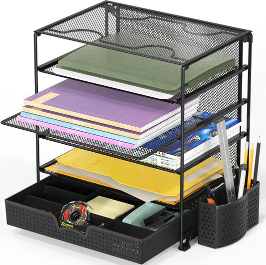 Simple Houseware 5-Tier Document File Tray with Sliding Drawer and Pen Bucket, Black