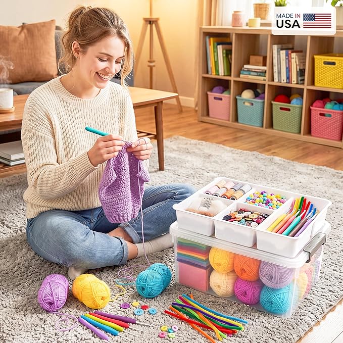 Citylife 17 QT Plastic Storage Box with Removable Tray Craft Organizers and Storage Clear Storage Container for Organizing Bead, Tool, Sewing, Playdoh,Coloring Books