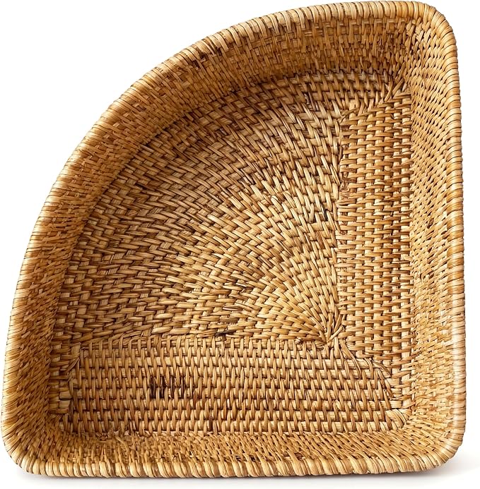 Handwoven Rattan Corner Basket, 10 Inch Quarter Round Woven Countertop Organizer, Boho Decorative Storage Tray for Bathroom Vanity, Kitchen Counter, Desk, Dead Space Solution