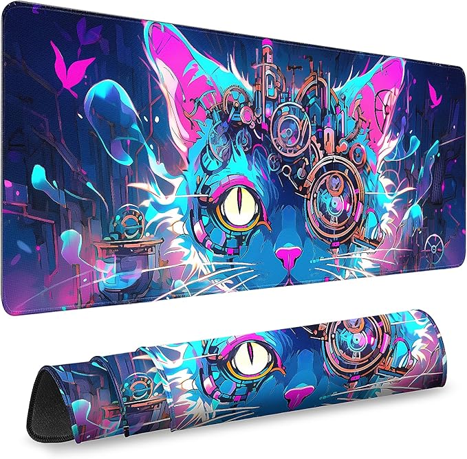 Gaming Desk Mat with Silky Smooth Surface & Exquisite Patterns,31.5x11.8 Inches Large-Sized Mouse Pad, Perfect for Extended Gaming,Work,and Home Office Decor (Cool Cat Head 2)