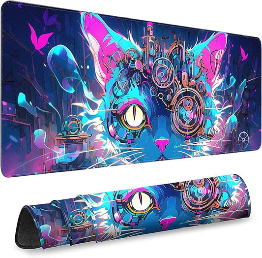Gaming Desk Mat with Silky Smooth Surface & Exquisite Patterns,31.5x11.8 Inches Large-Sized Mouse Pad, Perfect for Extended Gaming,Work,and Home Office Decor (Cool Cat Head 2)