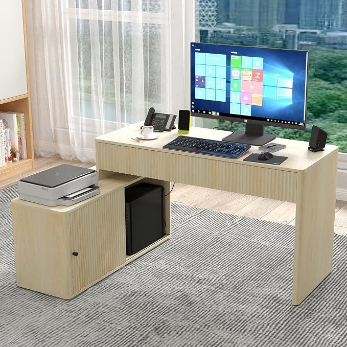 Modern Computer PC Desk Table with Storage, Corner L Shaped Desk with Drawers, Home Office Desk for Bedroom and Small Space, for Writing, Executive, Study, Work, Vanity - Natural