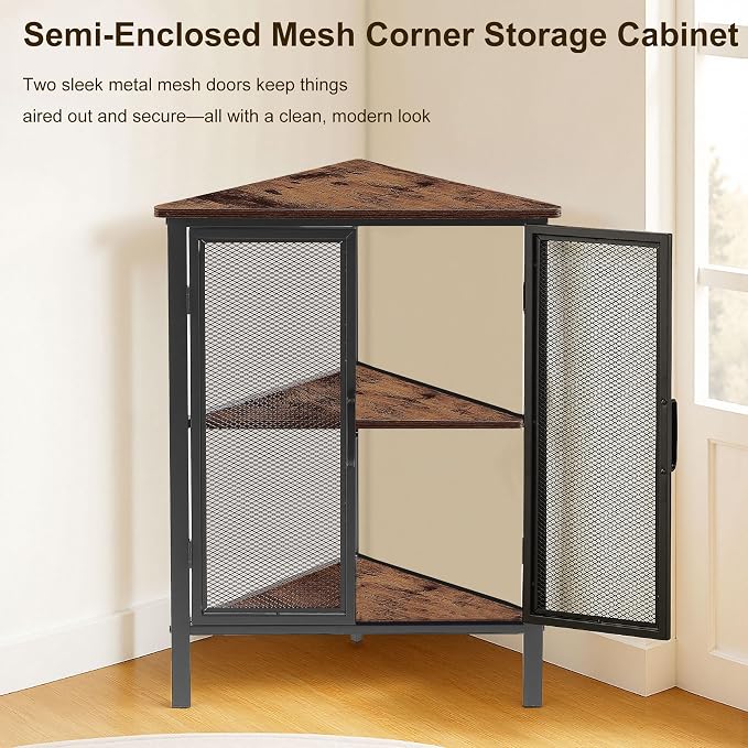 VECELO 3-Tier Corner Table,Cabinet with Mesh Door,Corner Shelf Stand,Metal Frame Storage Shelf Organizer Display Shelves for Wall Corner,Living Room,Bedroom Kitchen,Bathroom