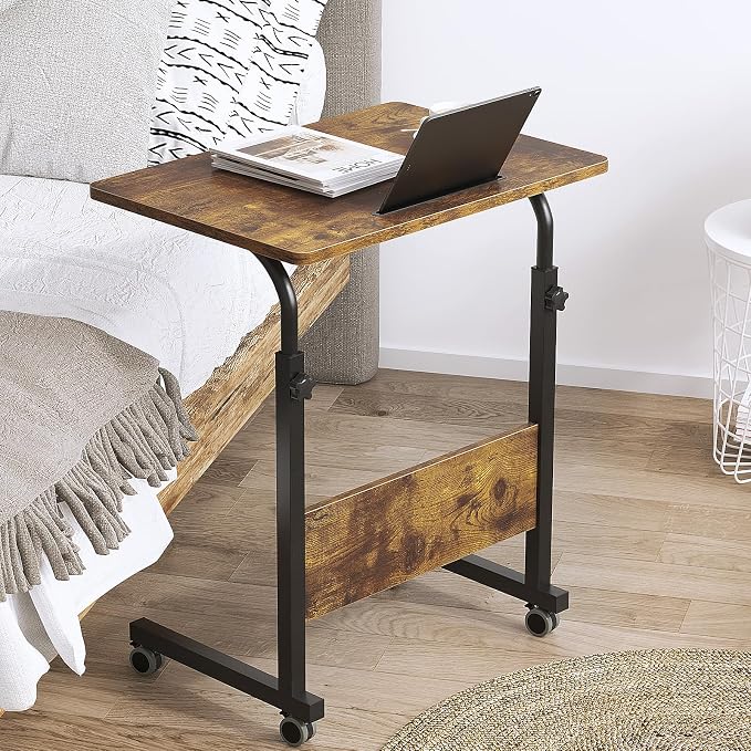 DlandHome Rolling Desk Mobile Standing Desk Mobile Side Table 23.6 Inches w/Wheels Adjustable Movable Portable Laptop Computer Stand for Bed Sofa,Retro,DUS-05-3-60FG