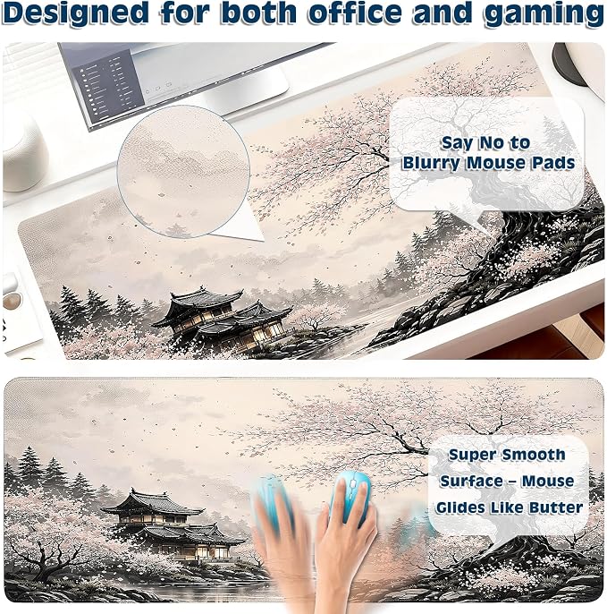 Gaming Desk Mat with Silky Smooth Surface & Exquisite Patterns,31.5x11.8 Inches Large-Sized Mouse Pad, Perfect for Extended Gaming,Work,and Home Office Decor (Japanese Ink Painting 2)