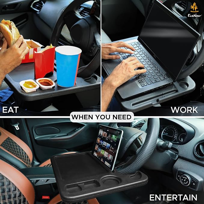 EcoNour 4 in 1 Car Steering Wheel Tray - 2026 Upgraded Tray with Dual Sauce Dip Holder and Tablet Holder | Spacious Steering Wheel Desk for Food and Laptop | Car Accessories (Large)