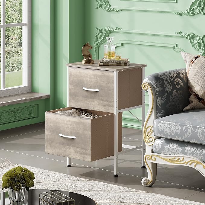 WLIVE Night Stand, Greige Nightstand with 2 Fabric Drawers, Small Dresser for Bedroom, Bedside Table End Table with Storage Drawer, College Dorm, Dormitory, Greige Oak