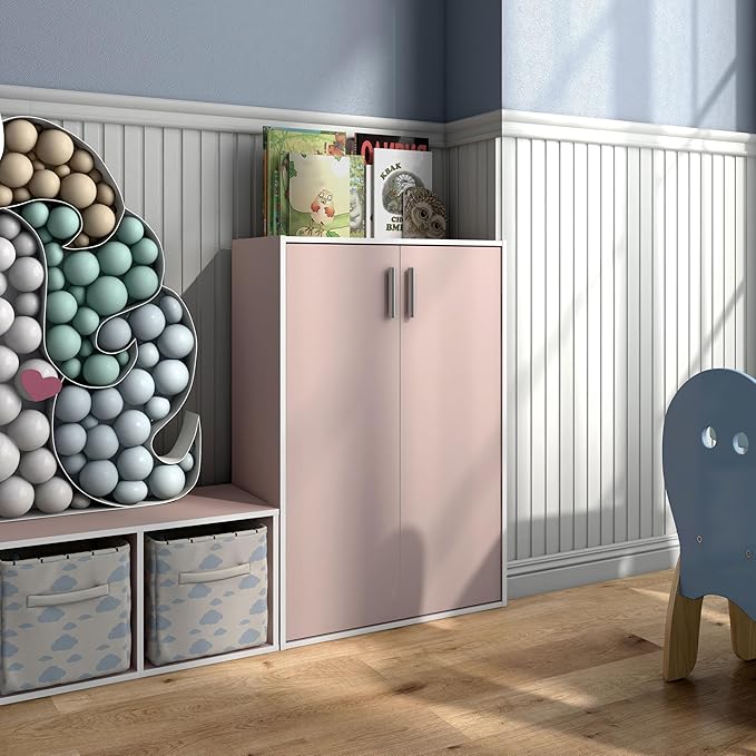 Homes: Inside + Out Apexa 3-Tier Stackable Wood Bookcase with Doors, Cube Storage Organizer Shelves, Small Food Pantry Cabinet, Dorm Teen Room Decor & Bedroom, Home Office, Kitchen, Light Pink