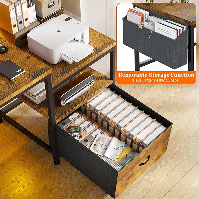 EnHomee 56.5" Office Desk with Drawers and Printer Space,Computer Desk with Power Outlets,Home Office Desks with File Drawers Cabinet,Study and Gaming Desk with Shelves Monitor Stand,Rustic Brown