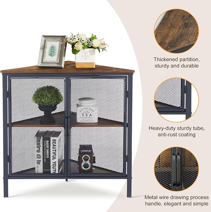 VECELO 3-Tier Corner Table,Cabinet with Mesh Door,Corner Shelf Stand,Metal Frame Storage Shelf Organizer Display Shelves for Bedroom,Wall Corner,Living Room,Kitchen,Bathroom