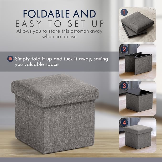 Ornavo Home Small Storage Ottoman Foldable Collapsible Cube Square Linen Ottoman Foot Rest Stool Seat, for Living Room, Bedroom, Home Office, Dorm - 12 x 12 x 12, Dark Gray