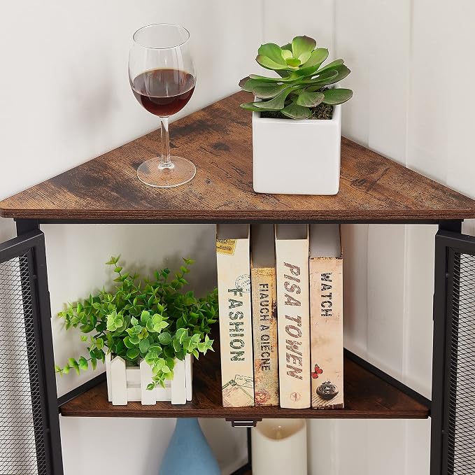 VECELO 3-Tier Corner Table,Cabinet with Mesh Door,Corner Shelf Stand,Metal Frame Storage Shelf Organizer Display Shelves for Wall Corner,Living Room,Bedroom Kitchen,Bathroom