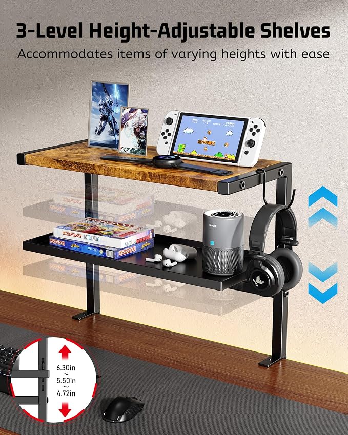 2-Tier Clamp on Desk Shelf, 17" Adjustable Above or Under Desk Shelves Organizer, No Drilling Desktop Storage Shelf with Headphone Holder, Desktop Storage Rack or Office and Gaming Accessories (Brown)