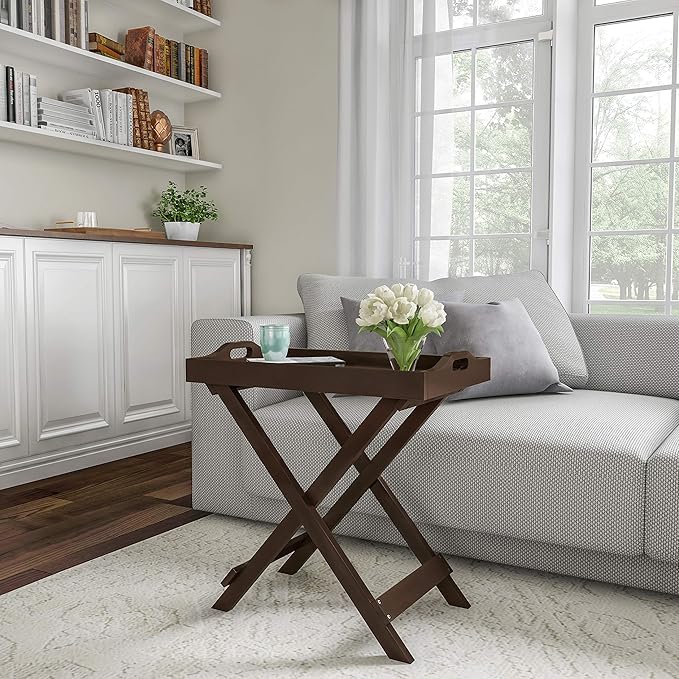 Lavish Home End Folding Modern Minimalist Wooden Contemporary Side Table, Multifunctional, Portable, Stylish Serving, Snack or Lap Tray, Suitable for Indoor and Outdoor Use - BROWN