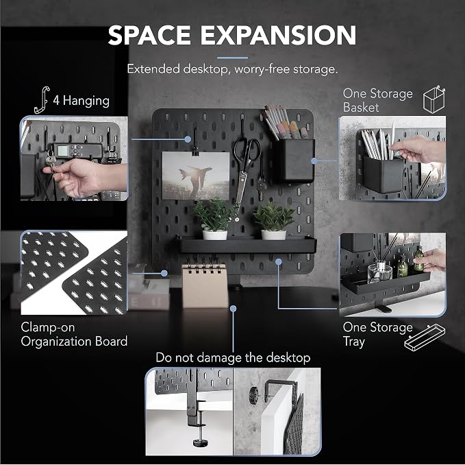 EHO Clamp-On Desk Pegboard, 13.5 x 14 inch Privacy Divider, Desk Partition Panel, No-Drill Desk Mounted Organizer, Combination Peg Board for Office, Gaming, Home, Plants, Black